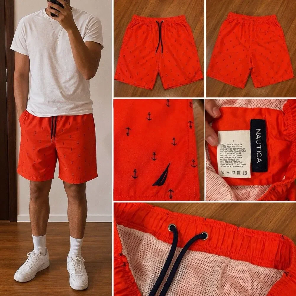 Nautica Men’s Anchor Print Swim Trunks Orange/Navy L Drawstring Lined Pockets